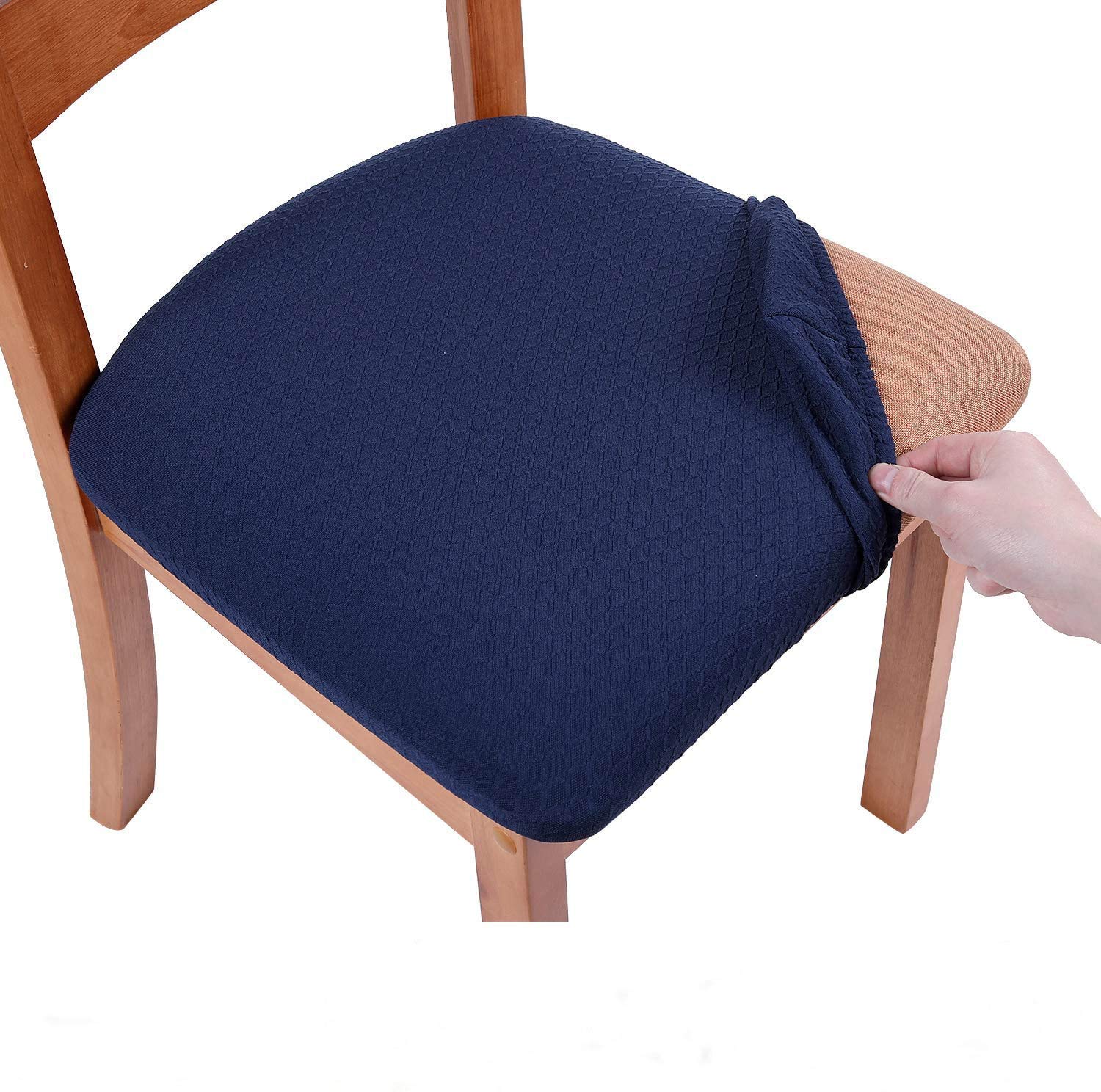 smiry Stretch Chair Seat Covers for Dining Room, Navy Blue Set of 4 Jacquard Dining Chair Seat Protectors Chair Slipcovers