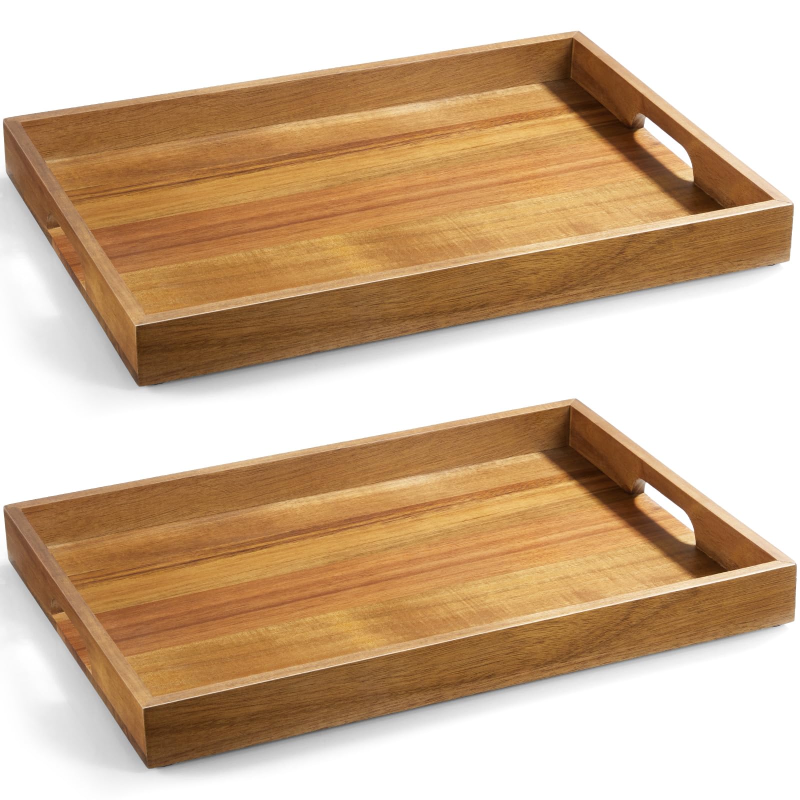 Photo 1 of 2 Pack Acacia Wood Serving Tray with Handles - 17 Inch Large Wooden Tray for Ottoman, Breakfast in Bed, Dinner, Coffee Table