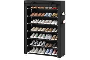 Laiensia 7-Tier Vertical Shoe Rack Organizer, Space Saving Shoe Storage Organizer, Non-Woven Cover Shoe Shelf Holds 28-35Pairs for Bedroom, Hallway, Closet Entryway, Black