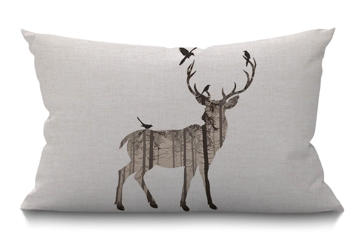 BGBDEIA Deer Pine and Birds Cushion Cover Lumbar Pillow Covers Home Decorative Cotton Linen Pillow Case for Sofa Couch Housewarming Gifts Family Room Décor 30 x 50 cm 12 x 20 Inch