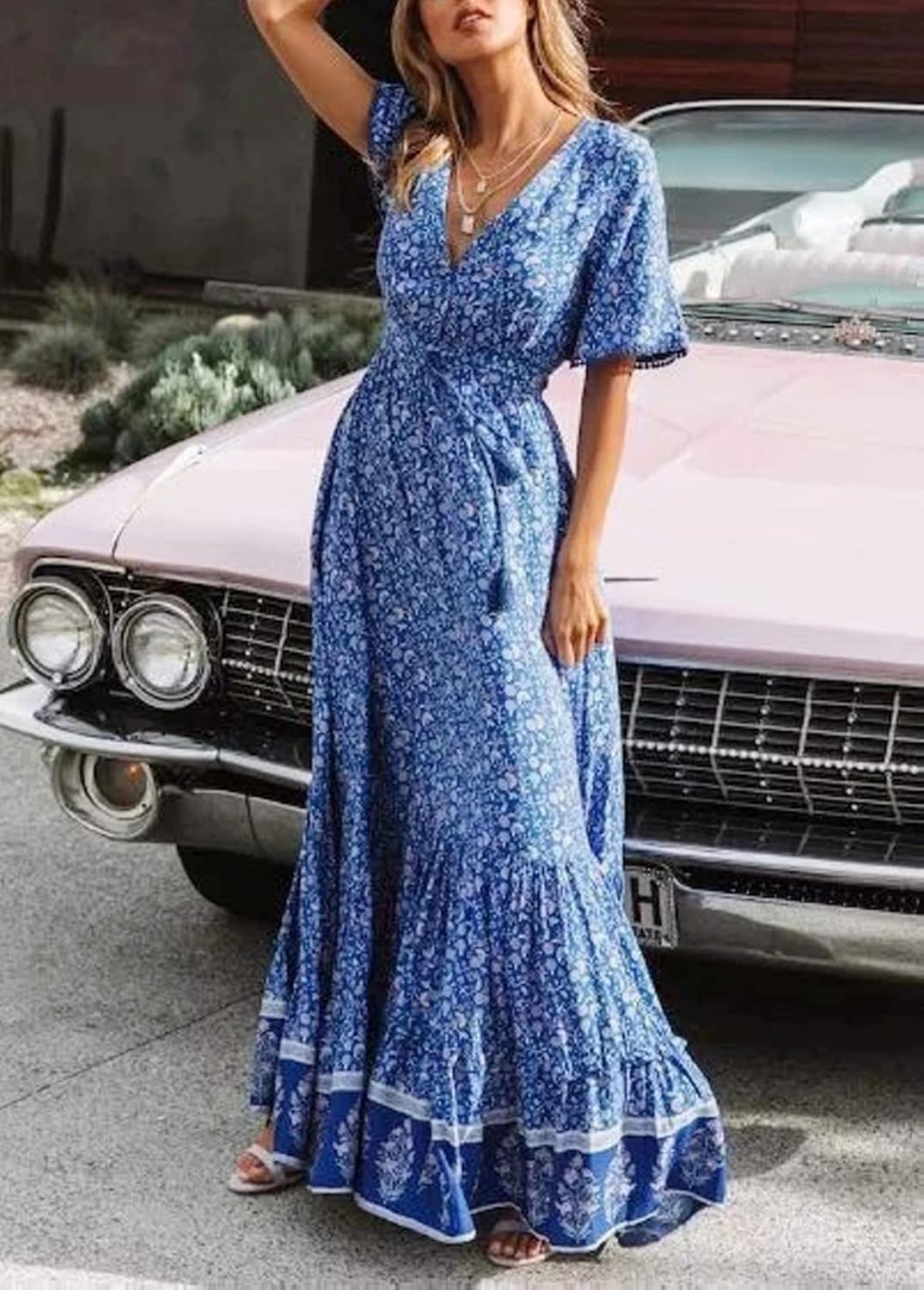 R.Vivimos Womens Summer Cotton Short Sleeve V Neck Floral Print Casual Bohemian Midi Dresses: Clothing