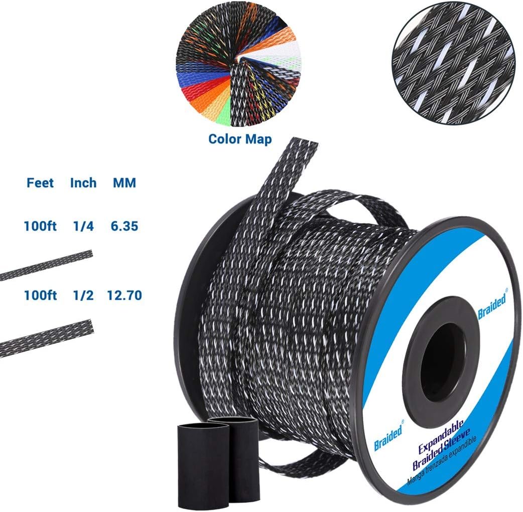 Flexible PET Expandable Braided Cable Sleeve 100ft-1/2 inch, Premium Wires Sleeving Management and Organizer, Protector for TV, Audio, PC, and Other Home or Office Device Cords-Black&White