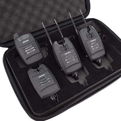 Hirisi Tackle Carp Fishing Bite Alarm Set and Receiver with Snag Ear Bar In Case (1 plus 4