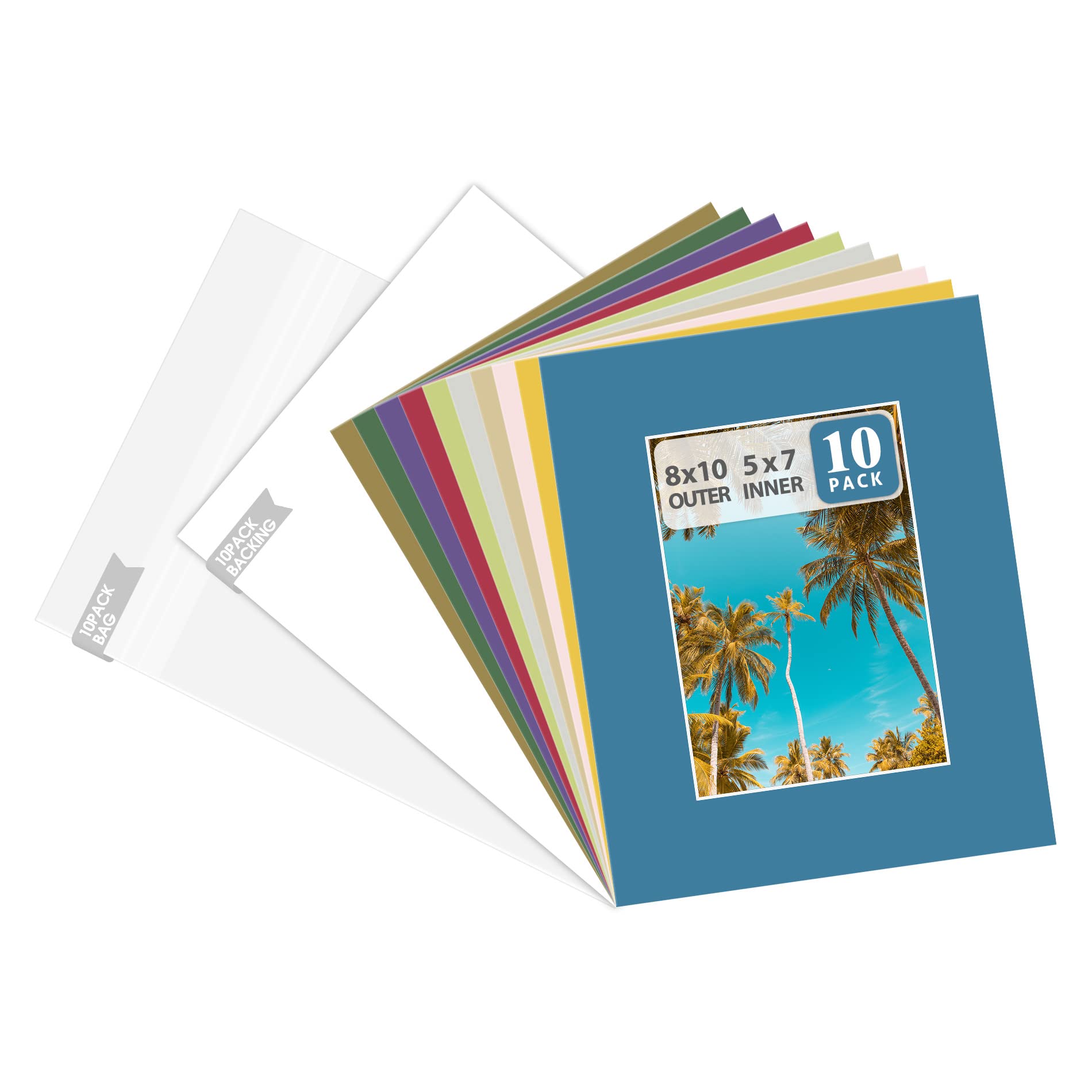 Golden State Art, Pack of 10 Mixed Colors Pre-Cut 8x10 Picture Mat for 5x7 Photo with White Core Bevel Cut Mattes Sets. Includes 10 High Premier Acid Free Mats & 10 Backing Board & 10 Clear Bags