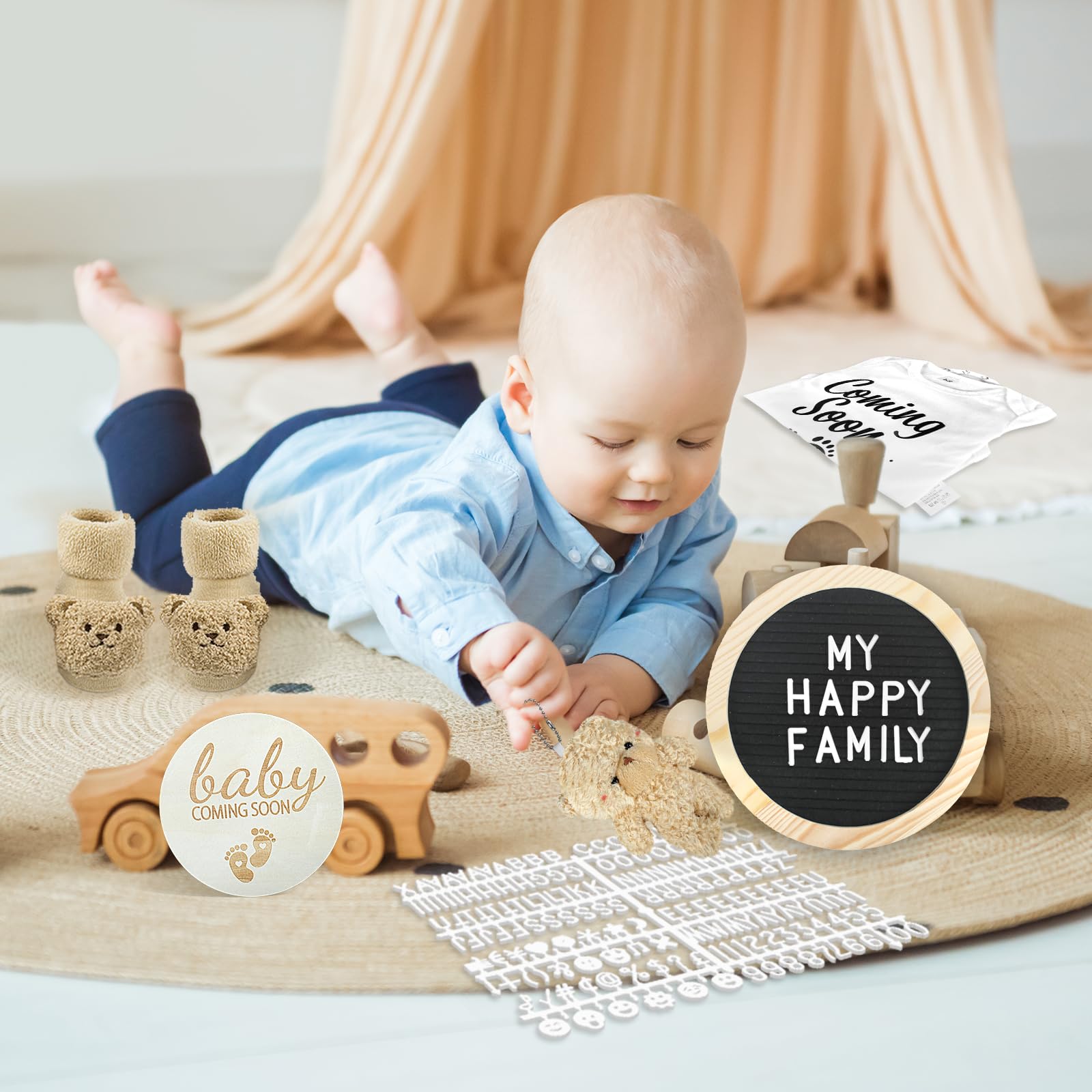 Pregnancy Announcements Set - Reveal Ideas Include Felt Letter Board Kit, Bodysuit, Socks, Wood Letters, Bear Plush, Blocks for Coming Soon Baby Announcement