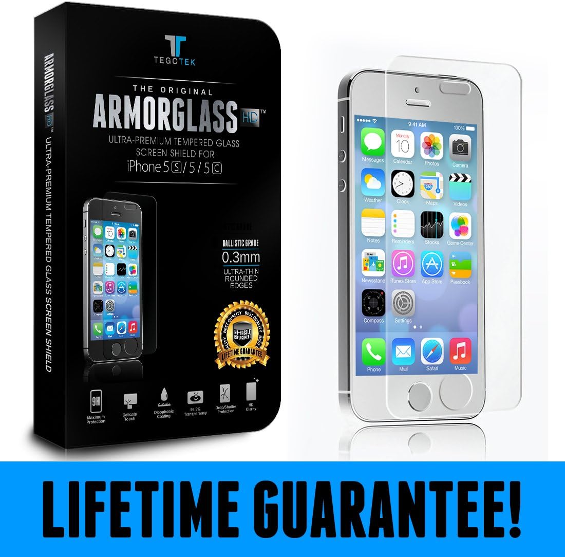 ARMORGLASS HD - Tempered Glass Screen Protector for apple iPhone 5/5s/5c - Crystal Clear Hd Quality - Ballistic Glass Shield - Bubble Free Guaranteed - Fingerprint Resistant - Shatterproof - Oleophobic Coating - Satisfaction Guaranteed - Lifetime Warranty!