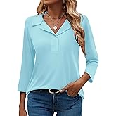 LUYAA Womens Polo Shirts 3/4 Length Sleeve Tops Collar V Neck Business Casual Blouses