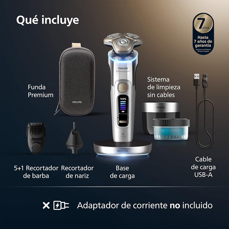 i9000 Prestige Ultra, Afeitadora Eléctrica Hombre, Máquina de Afeitar Barba Seco y Húmedo, SkinIQ Pro, Base de Carga, Recargable, Estuche, Centro de limpieza, Recortador, Naricero, XP9404/38