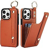 Folosu for iPhone 14 Pro Max Wallet Case with Card Holder, Hand Wrist Strap Loop Holder Kickstand, RFID Blocking Finger Grip Ring PU Leather Double Buttons Shockproof Cover 6.7" Brown