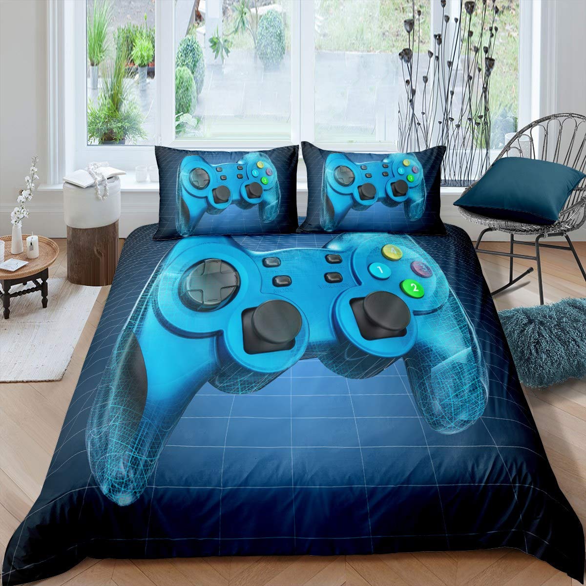 Gamer Comforter Cover Set for Kids Video Game Gamepad Duvet Cover Boys Girls Teens Lattice Games Bedding Set Novelty Modern Game Controller Quilt Cover Room Decor 3Pcs Bedclothes Double Blue