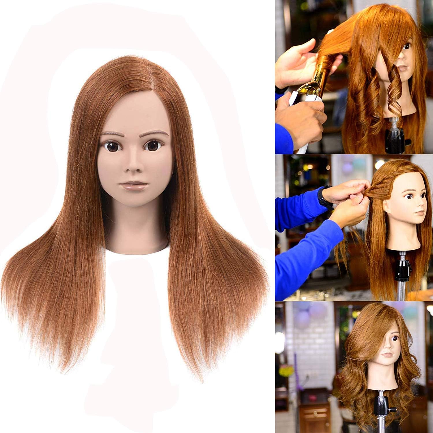 100% Human Hair Mannequin Head for Hairdresser Professional Cosmetology Mannequin Head With Human Hair Manikin Head Auburn Brown 20-22"(From Forehead to The Back Hair End)