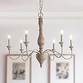 LALUZ Farmhouse Chandelier, 6-Light French Country Wood Lighting for Dining Room, Distressed Shabby Chic Chandelier, Cloud Ar