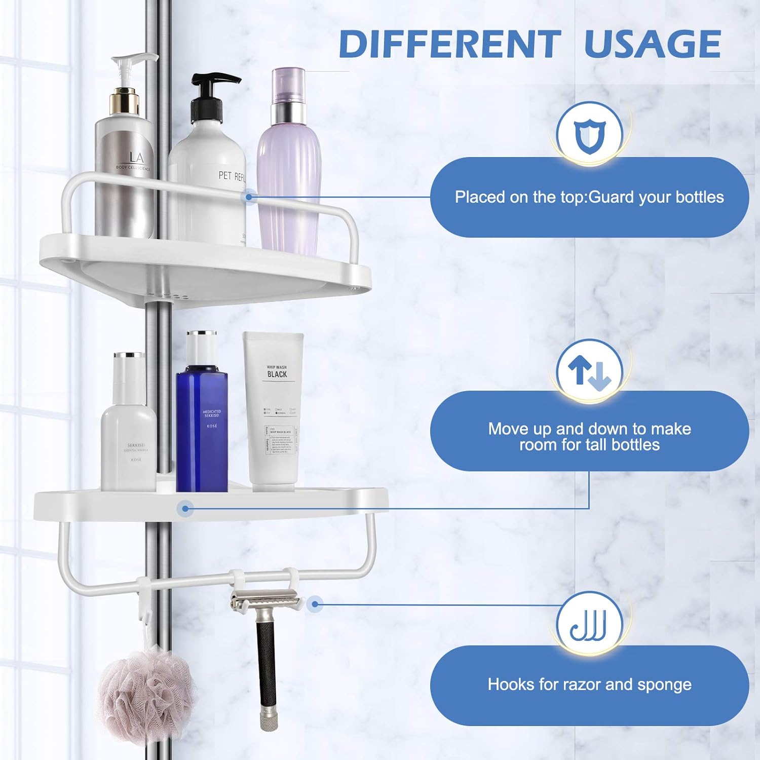 Homemaxs Corner Shower Caddy, 304 Stainless Steel Shower Caddy Tension Pole More Durable, 4-Tier Adjustable Bathroom Shelf with Upgrade Cone Non-Slip Silicone Mat Stable in Bathroom: Home Improvement