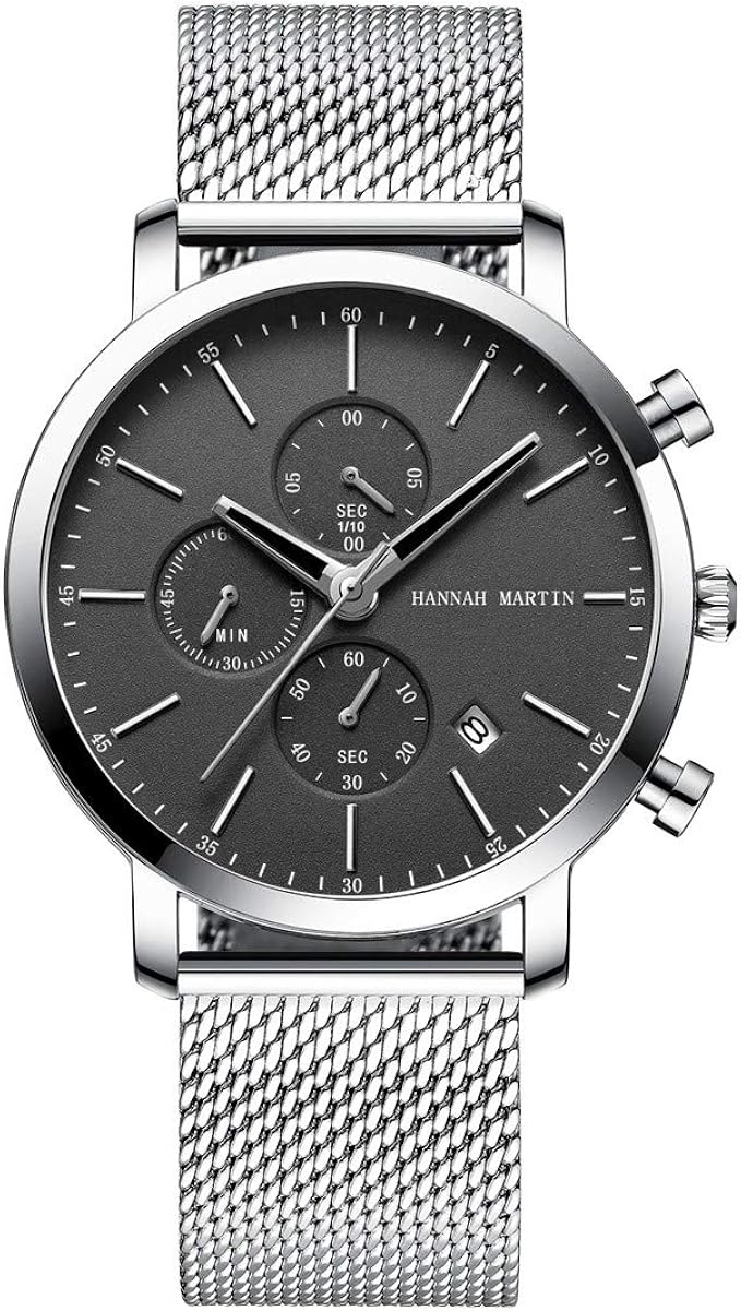 Amazon メンズ腕時計 Hannah Martin Watch For Men ブラックシルバーステンレスメタルストラップ おしゃれ クラシック シンプル 男性 ビジネス 時計多機能 クオーツ バングル ブレスレット防水 黒 白 文字盤 シルバーブラック メンズ腕時計 腕時計 通販