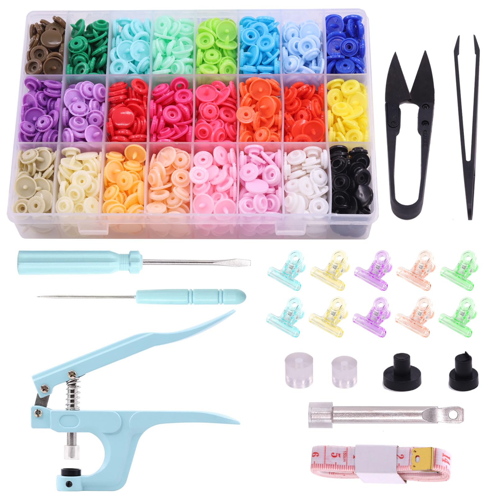 Mardatt 405 Pcs Snaps Buttons and Snap Pliers Set 24 Colors T5 Plastic Snaps No-Sew Buttons and Fastener Setter with Sewing Clips in Storage Box for Clothing Crafting DIY Projects