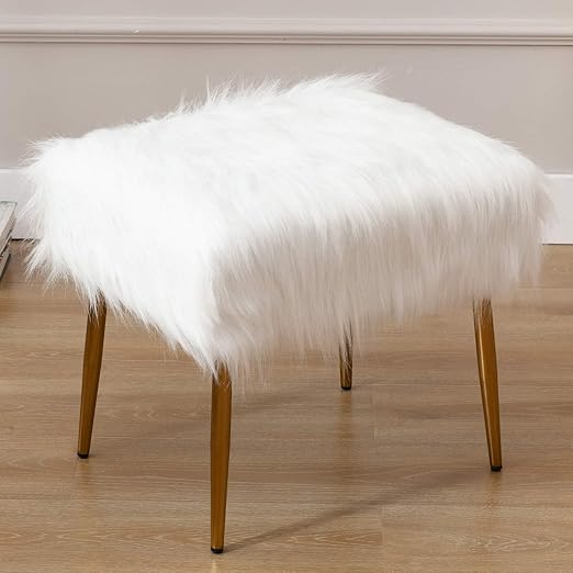 Amazon Com Wahson Shaggy Faux Fur Upholstered Square Accent Ottoman Footrest Cute Fluffy Vanity Stool For Living Room Bedroom Bathroom Den Kids Study Room 20 W X 16 D White Kitchen Dining