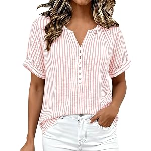 Women's Tops Casual Button V-Neck Striped Lightweight Shirt Short Sleeve Casual Pullover Top Fashion Trendy Clothes