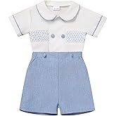 ODASDO Baby Boy Smocked Outfit Toddler Kids Short Sleeve Shirt and Shorts Set for Birthday Party Cake Smash Wedding Baptism