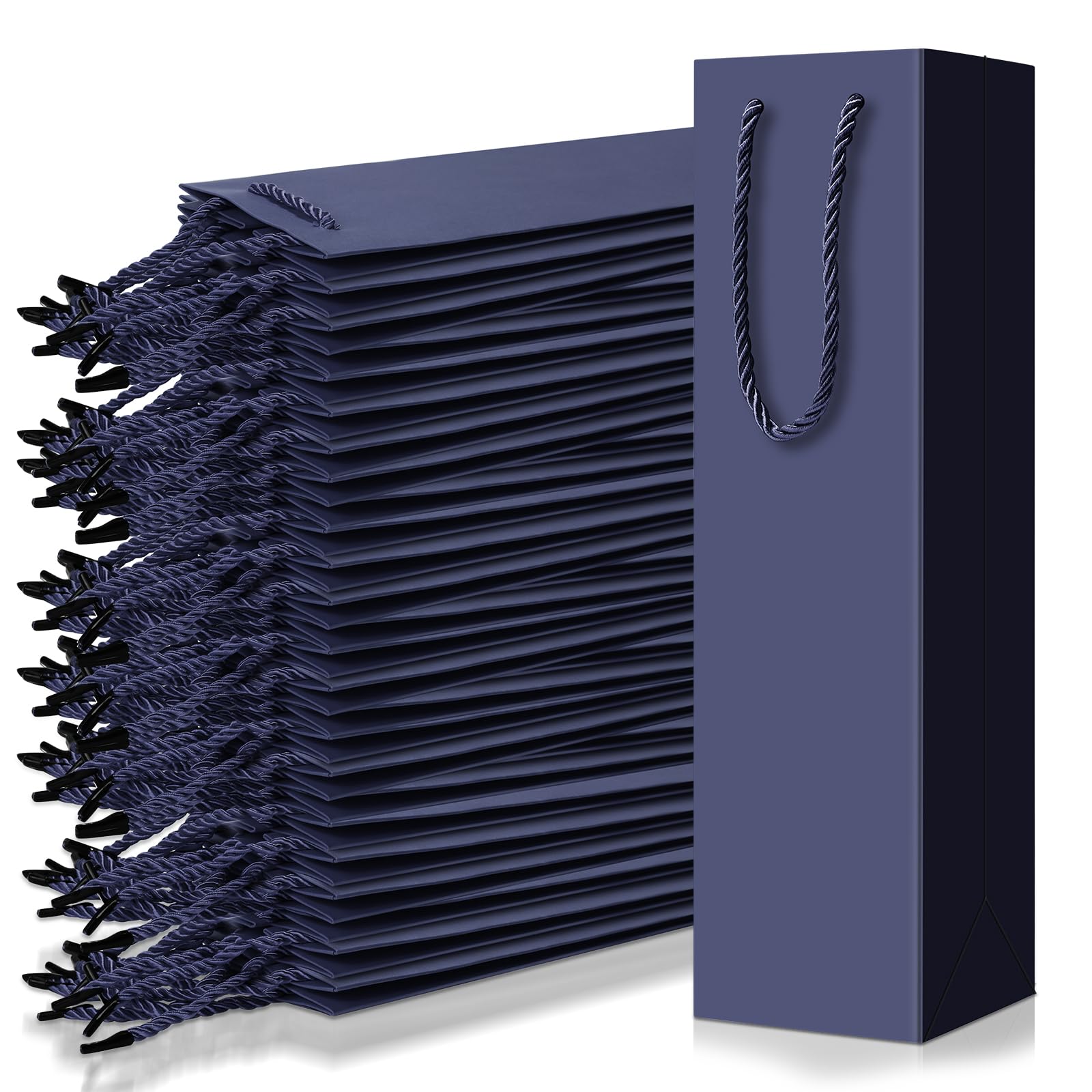 Photo 1 of Fulmoon 80 Pack Wine Gift Bag Bulk Wine Bottle Paper Gift Bags Reusable Handbags Liquor Bottle Handbags with Handles for Shopping Wedding Party Birthday 3.7 x 3.5 x 14 Inch(Dark Blue)