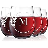 Greenline Goods Letter M Monogram Stemless Wine Glasses - Discover our Crystal Etched Wine Glass - Cocktail Glass with Personalized Initial