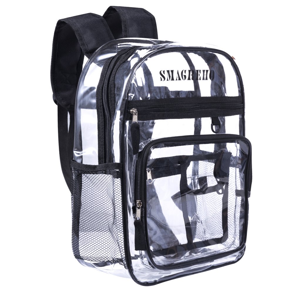 Mochila casual transparente con bordes y costuras negras. Muchos detalles.