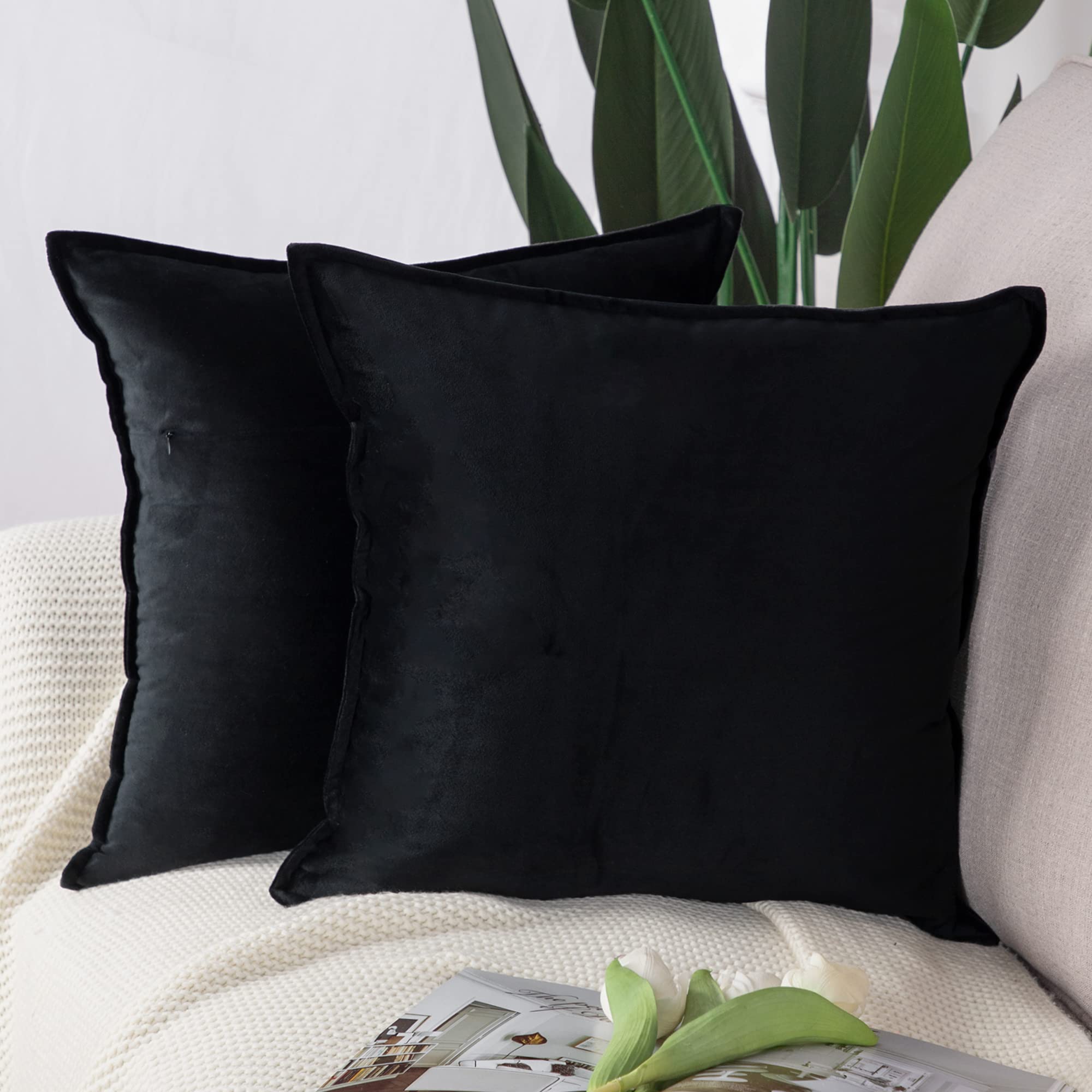 Madizz Pack of 2 Super Soft Velvet Decorative Cushion Covers with Fringe Luxury Style Cushion Case Pillow Shell for Sofa Bedroom Square Black 18x18 inch, 45x45 cm