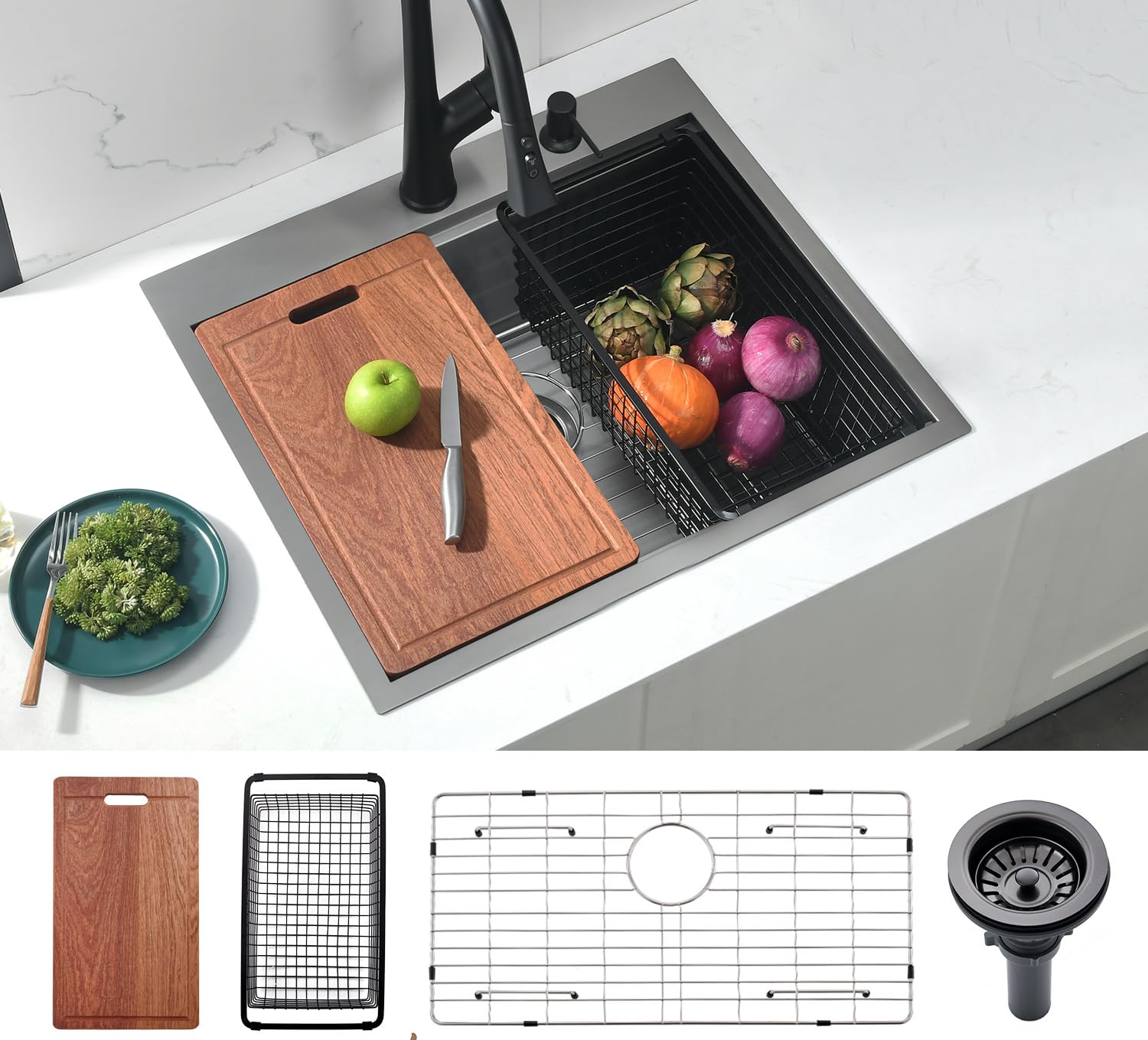 Photo 1 of Doirteal 25x22 Inch Drop-in Workstation Kitchen Sink | 16 Gauge Nano Black T304 Stainless Steel | 25x22x10 Topmount Sink with Mahogany Cutting Board, Colander & Drying Rack Set