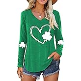 St Patricks Day Shirt Women：V Neck Green Shamrock Long Sleeve Shirt Lucky Leaf Clover Shirt