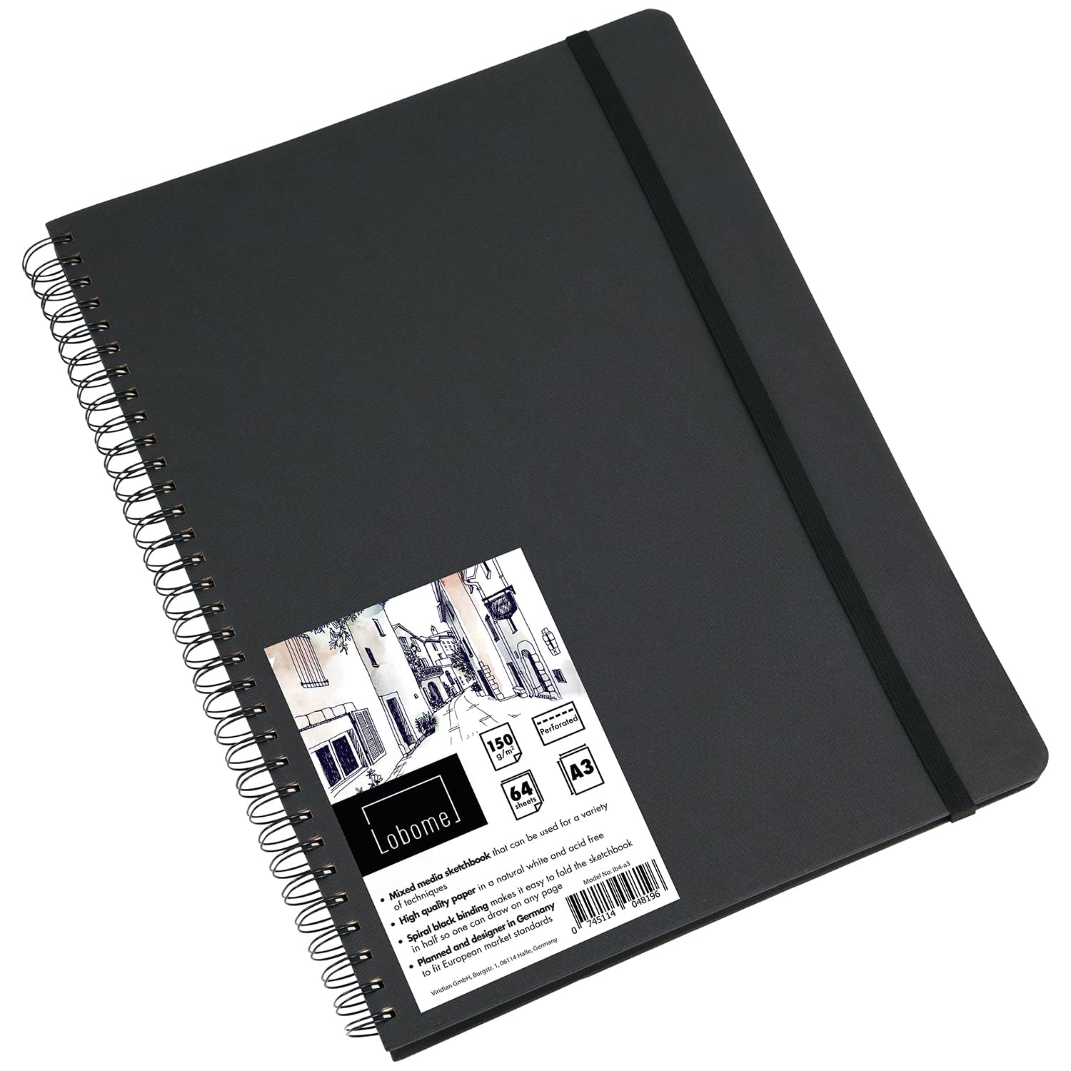 Lobome A3 Sketchbook - Art with 128 Pages (64 Sheets), 150 GSM White Paper - Hardback with Spiral Binding, Perforated Pages, and Bookmark - Large Black Notebook Pad