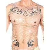 Kaei&Shi Rhinestone Mens Tank Tops Sheer Mesh See Through Fishnet Sparkly Rave Outfit Festival Crop Men Shirt Sexy Club Party