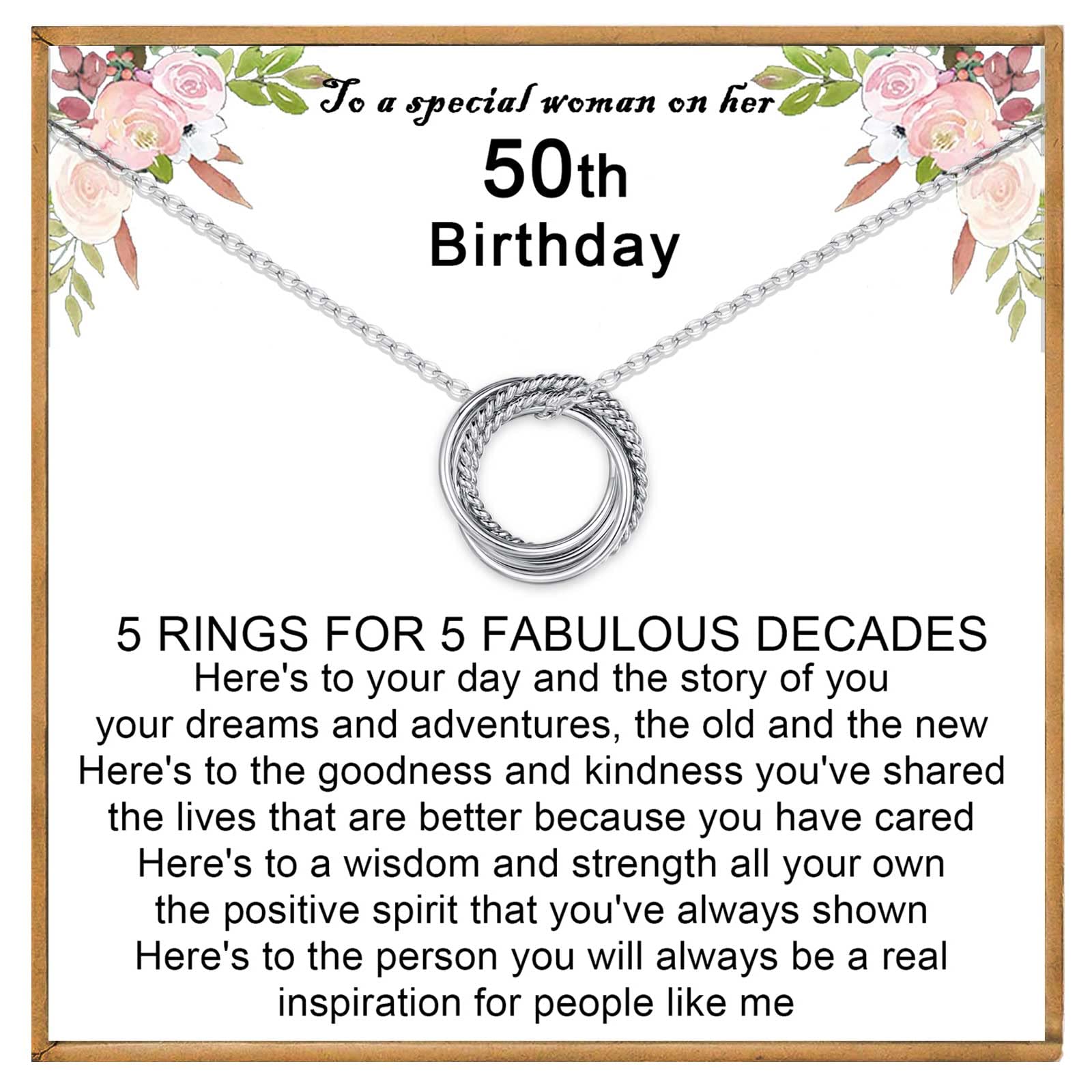 VOSAP 50th Birthday Gifts for Women, 50 Birthday Gifts for Best Friends, Sterling Silver 5 Rings Necklace Jewellery 50th Birthday Gifts for Her Mum