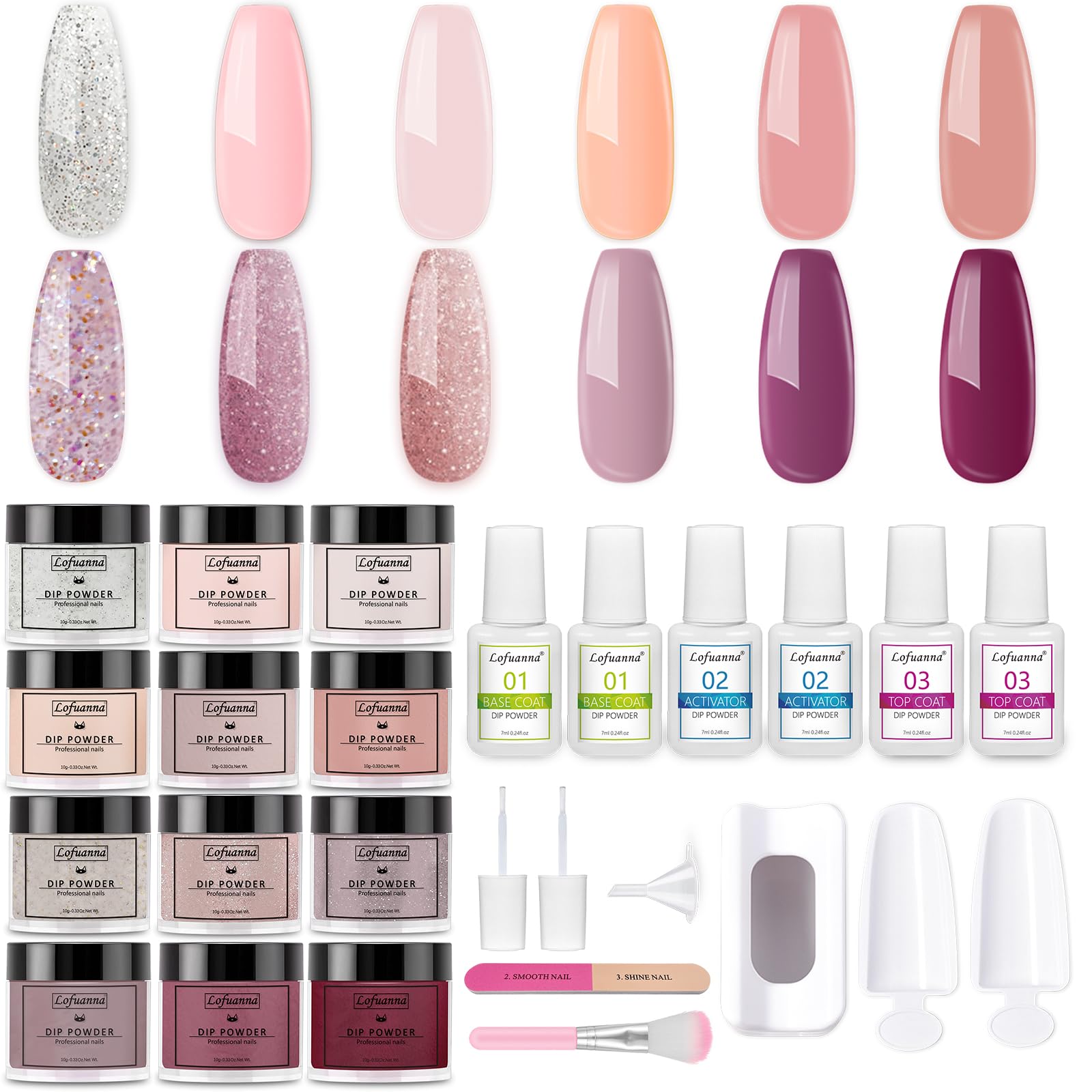 Lofuanna 24Pcs Dip Powder Nail Kit-12 Colors Nude Pink Purple Glitter Dipping Powder Starter Kit with Base Top Coat Activator,No UV/LED Needed,All-in-One DIY French Nail Art Manicure Set for Beginners