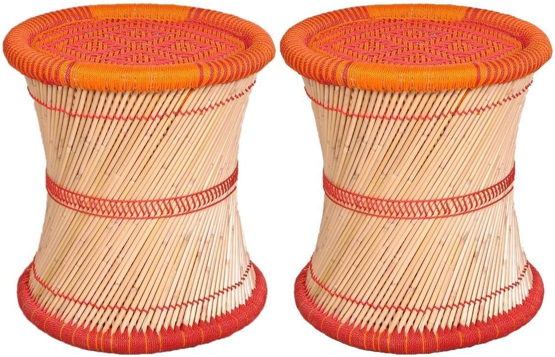 Brightway collection भारत में निर्मित Set of 2/Bamboo Outdoor/Indoor Siting Ottoman Stool for Living, (Orange)