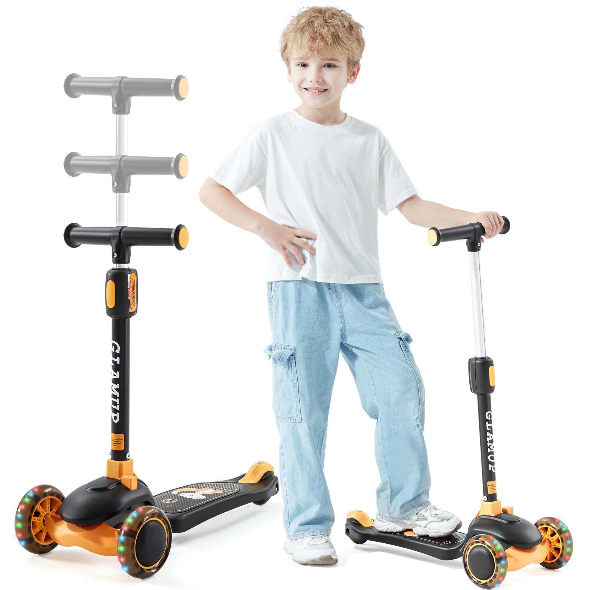 Kick Scooter Adjustable Height Adjustable Handlebar，Kids Scooter 3 Wheel with LED Lights，Suitable Kids Ages 2，Ages 6，Ages 8，Extra Wide Deck for Boys and Girls