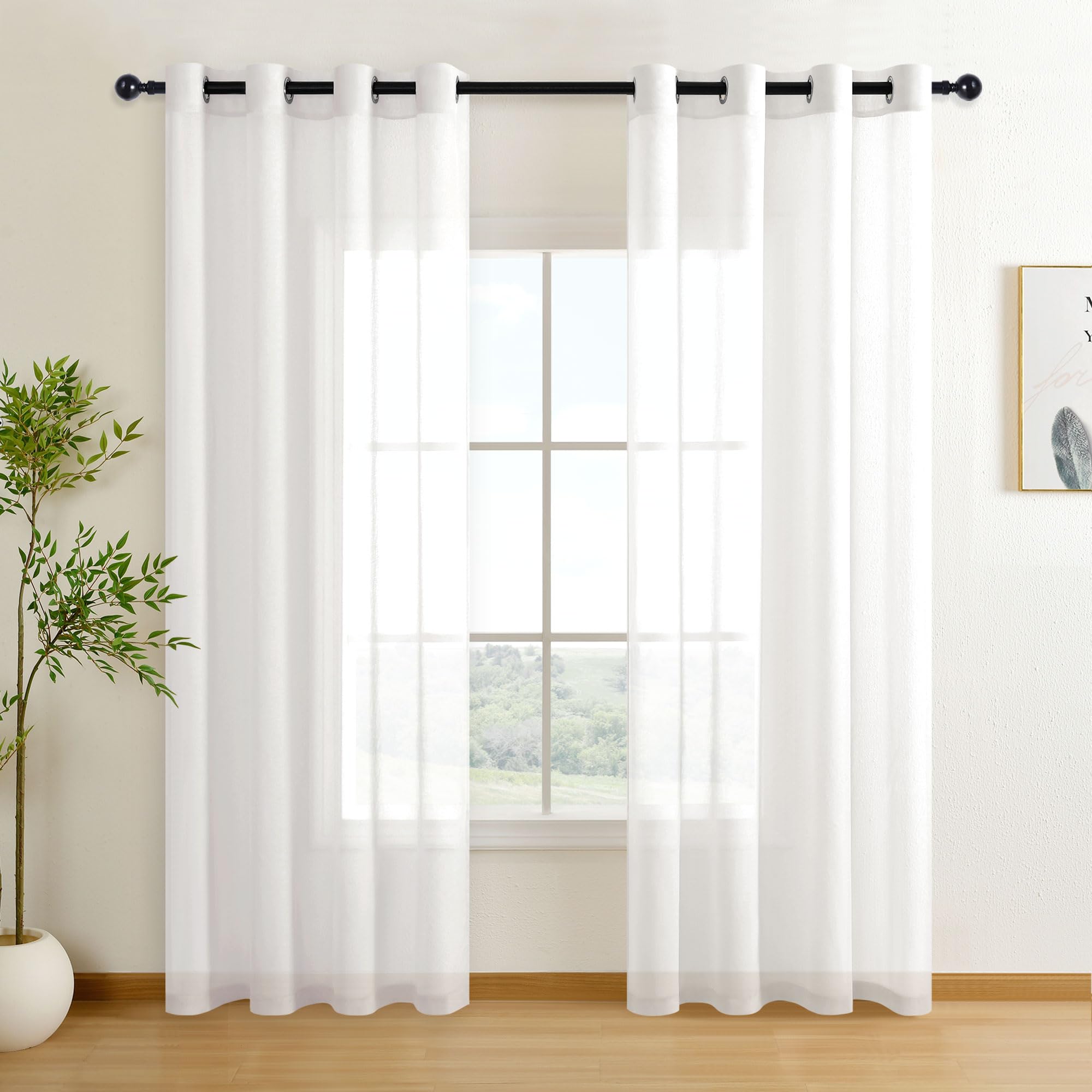 DWCN White Sheer Curtains Textured Semi Transparent Eyelet Top Decorative Voile Curtain for Living Bedroom, 55" Wide x 96" Drop, 2 Panels