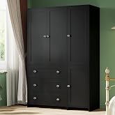 VOWNER 71"H Armoire Wardrobe Closet with 3 Drawers and Mirror | Clothing Storage Cabinet with Hanging Rod, 4 Doors Wooden Wardrobe Cabinet for Bedroom, Large Capacity Storage