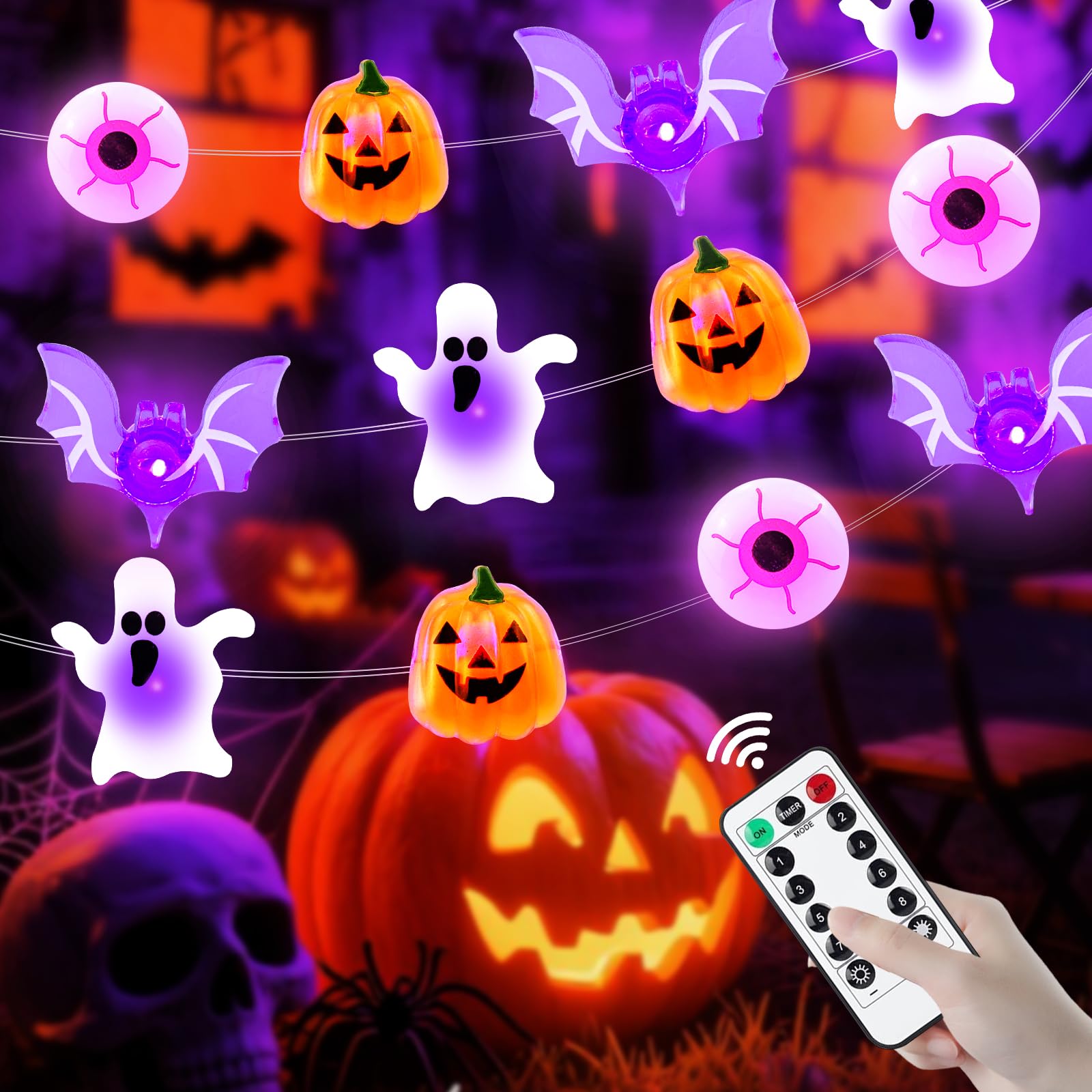 Photo 1 of ZGWJ Halloween String Lights Battery Powered with Timer, 1 Pack Bat-Eyeball-Ghost-Pumpkin 50LED 16FT Twinkle String Lights 8 Modes for Bedroom, Halloween Parties Decoration Indoor and Outdoor