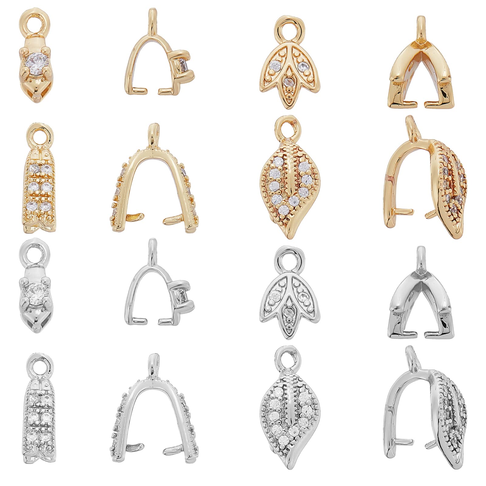 SUPERFINDINGS 16Pcs Brass Pinch Clip Bail Clasp 8 Style Cubic Zirconia Ice Pick Pinch Bails Gold Platinum Plated Bail Clasp for DIY Jewelry Making Pin: 0.7mm