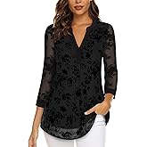Timeson Women's 3/4 Sleeve Blouses Casual V Neck Dress Shirts Double Layers Mesh Tunics Tops