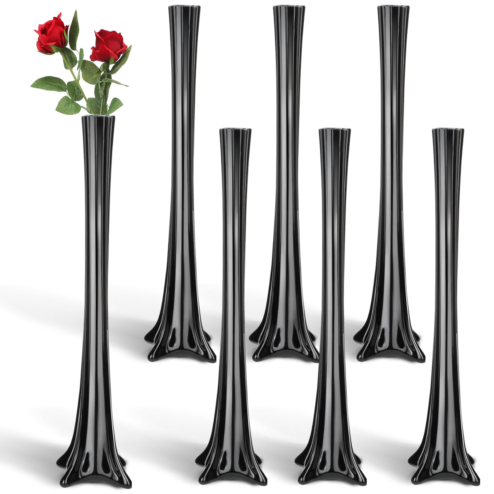 Photo 1 of Roshtia 6 Pcs Eiffel Tower Vase Bulk 16 Inch Flute Vases Tall Glass Long Skinny Base Glass for Wedding Centerpiece Flowers Home Table Decorations Formal Dinners (Black)