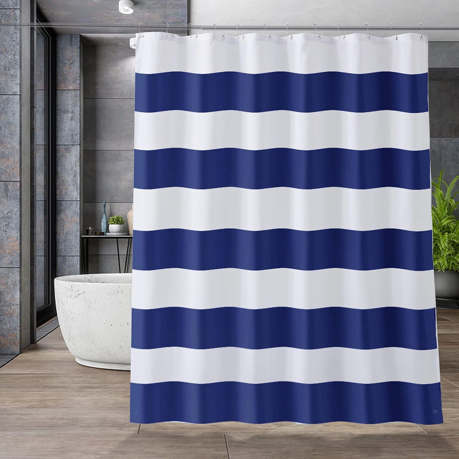 AmazerBath Navy Blue Shower Curtain Liner Blue Stripe Shower Curtain Navy for Bathroom 70x72 Inches Fabric Shower Curtain Liner 85 GSM Light with 2 Magnets Washable Waterproof for Home and Hotel