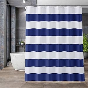 AmazerBath Navy Blue Shower Curtain Liner Blue Stripe Shower Curtain Navy for Bathroom 70x72 Inches Fabric Shower Curtain Liner 85 GSM Light with 2 Magnets Washable Waterproof for Home and Hotel