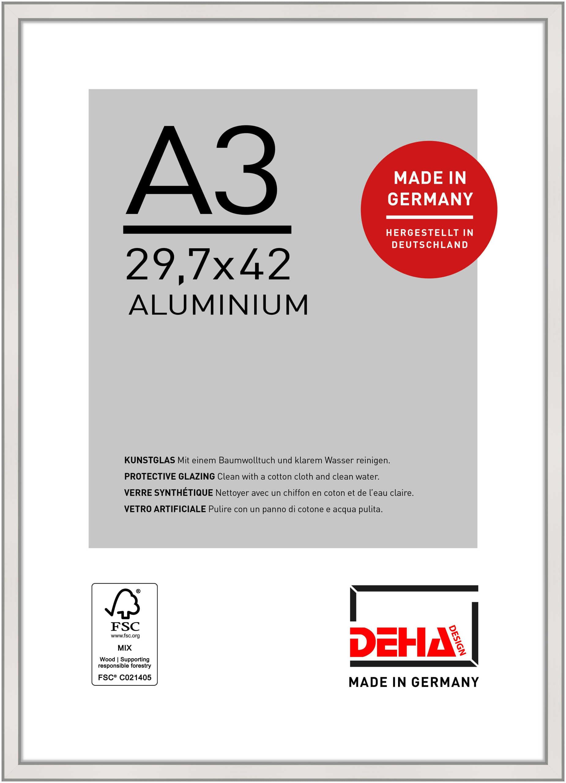DEHA Design Boston Aluminium Picture Frame - A3 (29.7x42 cm) – Silver - with Synthetic Glass and Push/Turn Clips