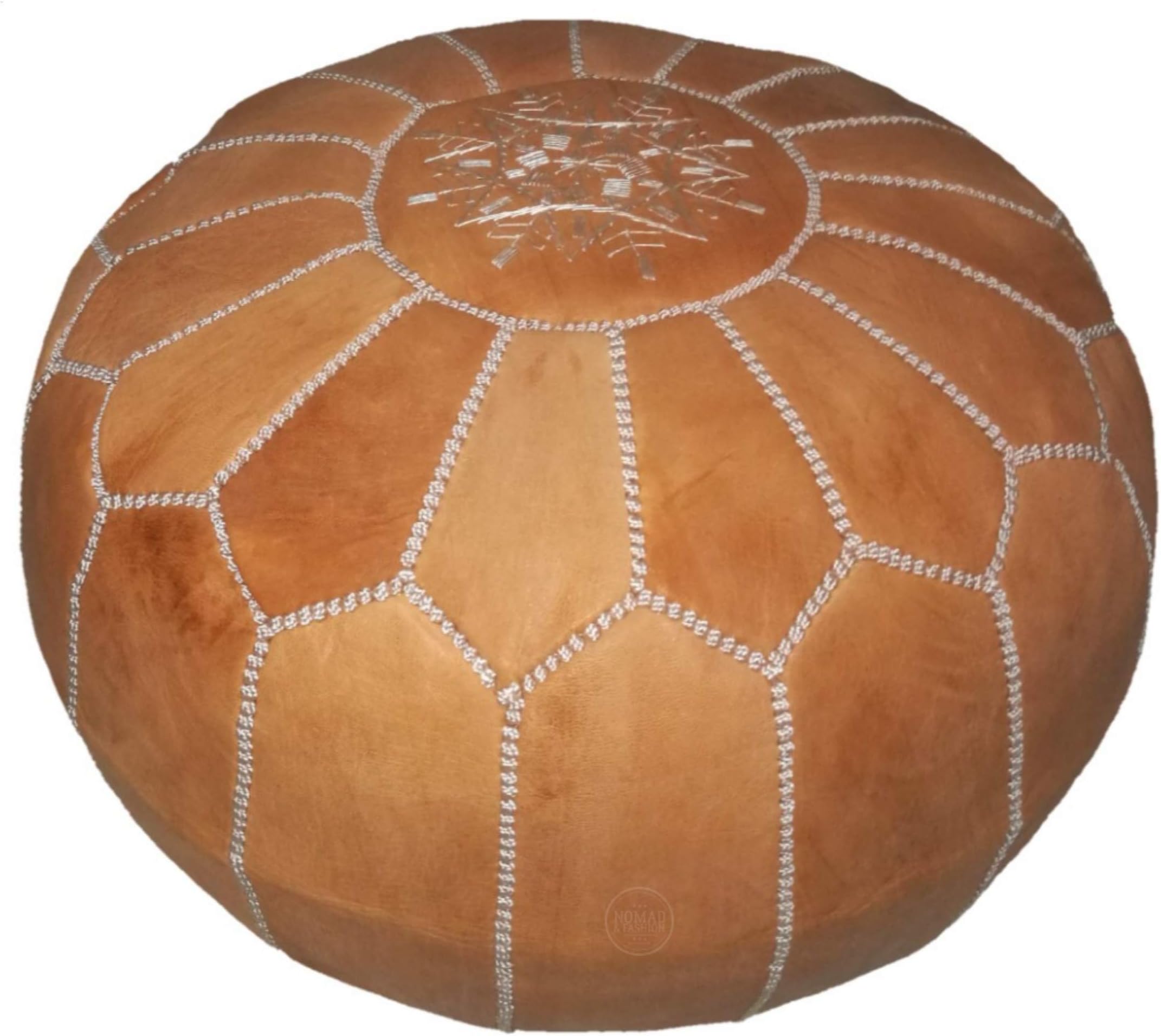 Moroccan leather pouf, handmade ottoman poof for living room furniture and home decor, floor footstool hassock, boho round chair foot rest stool pouffe, light Cognac with White Stitching