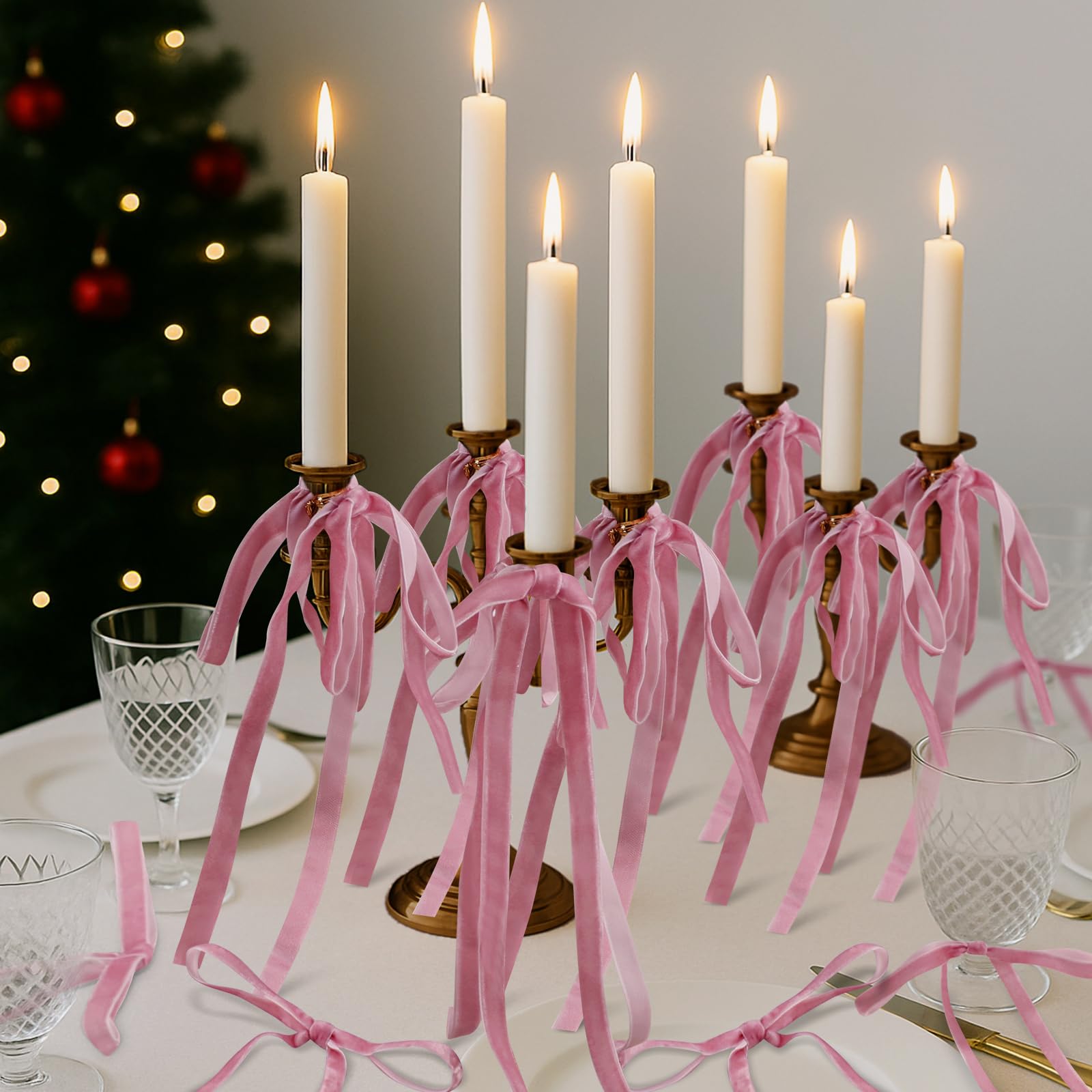 Photo 1 of 24 Pcs Velvet Bow Christmas Tree Ornaments 6 x 8 inch Door Garland Decor Vintage Rustic Xmas Velvet Ribbon Wreath Bows for Christmas Tree Door Garland Candle Holder Decoration(Pink)