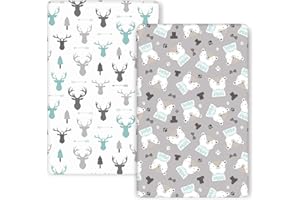 GRSSDER Stretchy Ultra Soft Jersey Knit Fitted Pack n Play Sheets 2 Pack, Playard Sheets for Baby Girls and Boys, Universal Fit for Pack N Plays Safe and Snug, Cute Bear and Deer