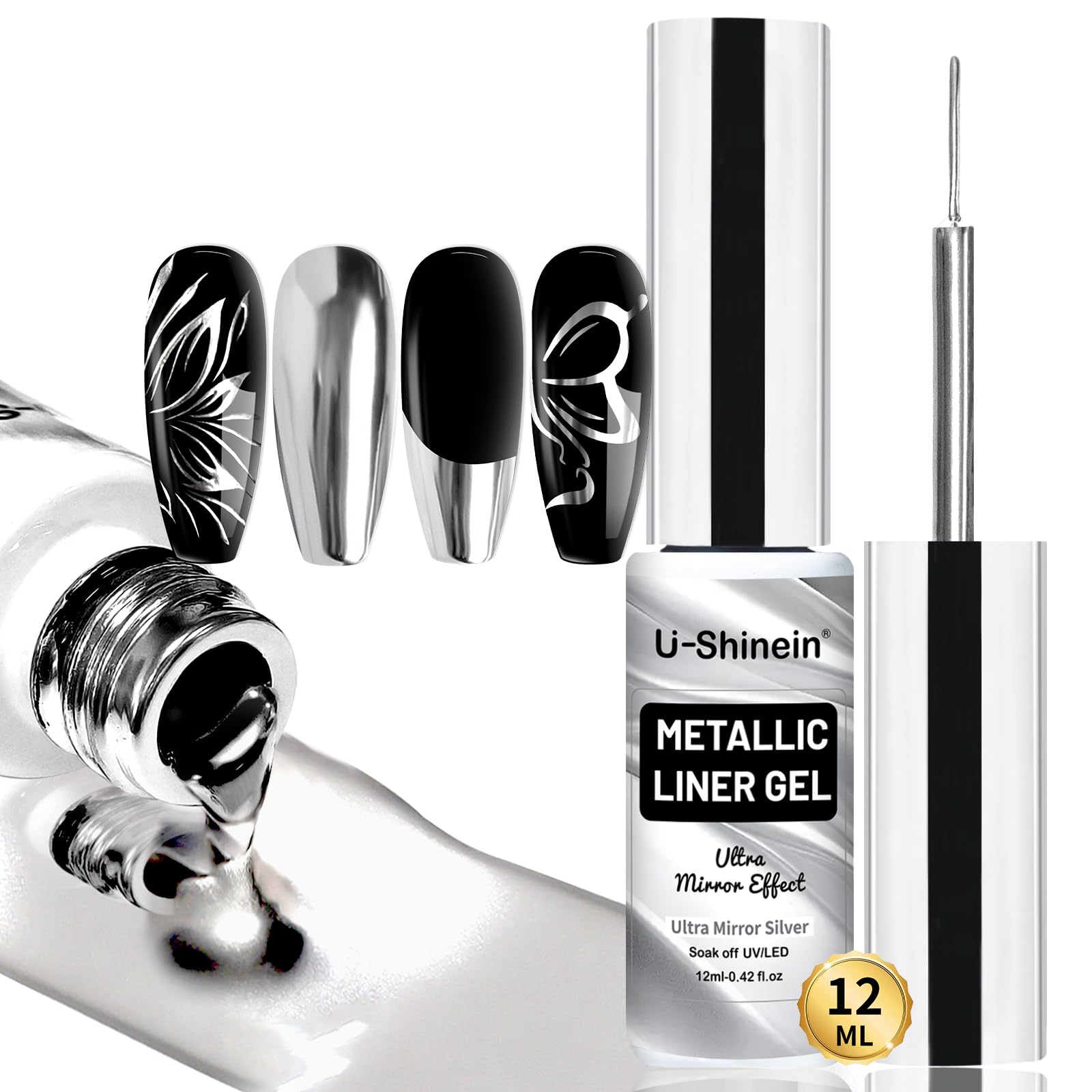 U-Shinein Metallic Painting Gel, Nail Art 3D Mirror Effect Gel Nail Polish, Painted Drawing Gel, Build in Thin Brush Soak Off Silver Gel for Salon Home DIY Manicure, Ultra-bright Silver