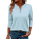 TICTICMIMI Women's V Neck 3/4 Sleeve Tops Casual Summer T Shirts Loose Fit Button Tunic Blouse