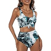 ZAFUL Women's High Waisted Swimsuit Scoop Neck Textured Floral Bikini Set 2 Piece Bathing Suit
