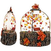 Maple Leaf Fall Snow Globe, Lighted Water Globe with Swirling Glitter Timer | 2D maple leaf tree, snow globe with a lighted water-filled scene, swirling glitter, and a 6-hour repeating timer